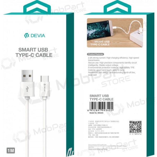 USB kabel Devia Smart Type-C 1.0m (hvit)